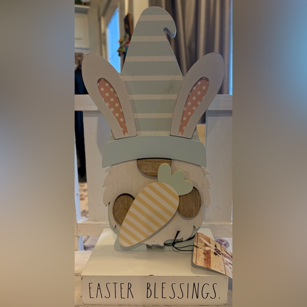 Wooden Rae Dunn Easter Bunny Decor with Striped Hat